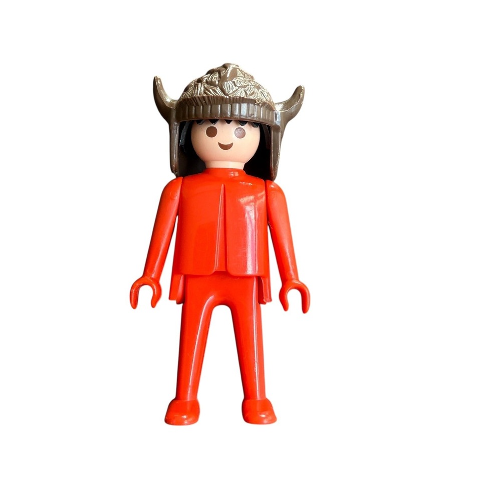 Vintage Geobra Playmobil Viking Toy Soldier Red 1974 Black Hair Red Pants Shirt
